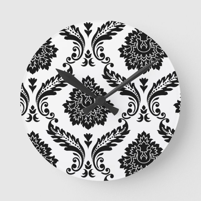 Reloj Redondo Mediano Patrón Desplazado Rococó Damask Negro sobre Blanco (Anverso)