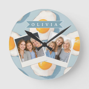 Reloj Redondo Mediano Patrón Divertido Azul Divertido de Huevo Frito Per