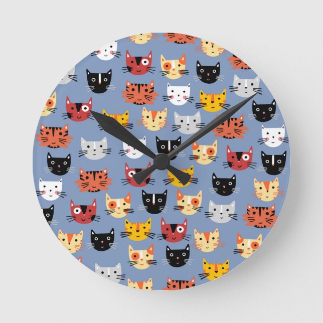 Reloj Redondo Mediano Patrón divertido de gatos gatitos lindo Azul (Anverso)