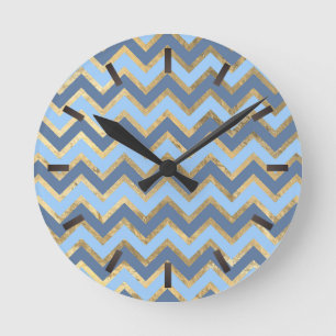 Reloj Redondo Mediano Patrón elegante de Chevron azul y dorado