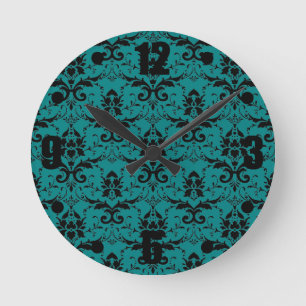 Reloj Redondo Mediano Patrón elegante de Damasco negro profundo Verde az