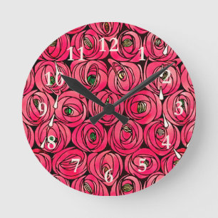 Reloj Redondo Mediano Patrón floral Art Nouveau de rosa de Rennie Mackin