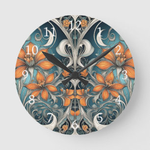 Reloj Redondo Mediano Patrón floral Art Nouveau verde azulado naranja