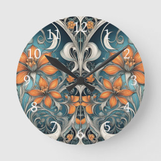 Reloj Redondo Mediano Patrón floral Art Nouveau verde azulado naranja