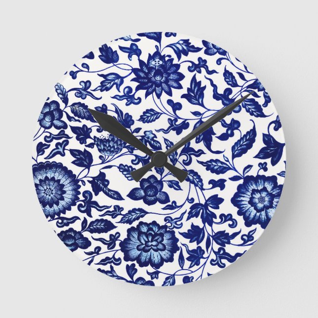 Reloj Redondo Mediano Patrón floral azul marino oscuro chino sobre blanc (Anverso)