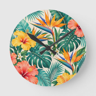 Reloj Redondo Mediano Patrón floral botánico paraíso tropical