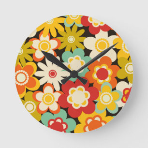 Reloj Redondo Mediano Patrón floral brillante colorido retro lindo