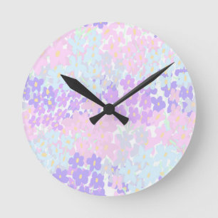 Reloj Redondo Mediano Patrón floral chic rosa verde azulado púrpura 