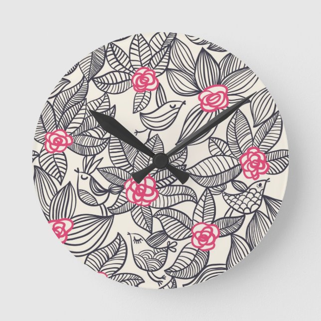 Reloj Redondo Mediano Patrón floral con aves personalizados (Anverso)