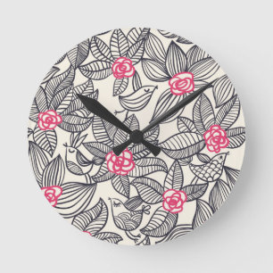 Reloj Redondo Mediano Patrón floral con aves personalizados