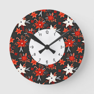Reloj Redondo Mediano Patrón floral con flores blancas rojas-11438