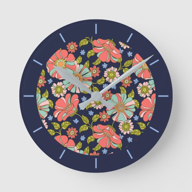 Reloj Redondo Mediano Patrón floral de Blue Retro 70 (Anverso)