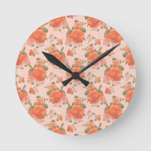 Reloj Redondo Mediano patrón floral de boda de primavera rosa naranja