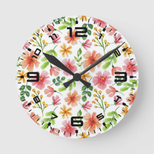 Reloj Redondo Mediano Patrón floral de color de agua rosa-69677