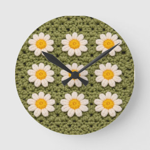 Reloj Redondo Mediano Patrón Floral de Cuadrados de Abuela Crochet Flor 