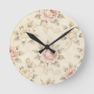 Reloj Redondo Mediano Patrón floral de damasco de rosa rosa vintage