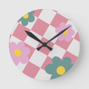Reloj Redondo Mediano Patrón floral de gingham rosa - Flor retro adorabl