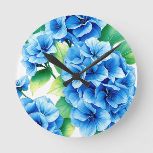 Reloj Redondo Mediano Patrón floral de hortensias azules