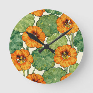 Reloj Redondo Mediano Patrón floral de nasturcia en acuarela