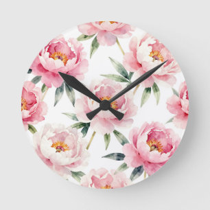 Reloj Redondo Mediano Patrón floral de peonía con toque de agua en color