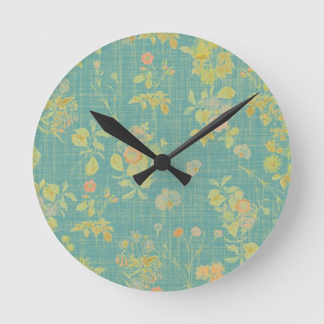 Reloj Redondo Mediano Patrón floral de primavera Verde azulada alterado  (Anverso)