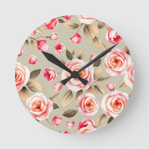 Reloj Redondo Mediano Patrón floral de rosa rosa romántico