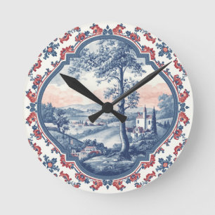 Reloj Redondo Mediano Patrón floral de toile francés de granja rústica v