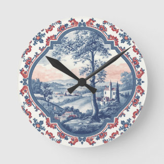 Reloj Redondo Mediano Patrón floral de toile francés de granja rústica v