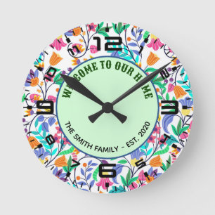 Reloj Redondo Mediano Patrón floral exótico con texto personalizado-2314