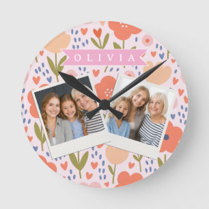 Reloj Redondo Mediano Patrón floral folklórico lindo nórdico rosa person