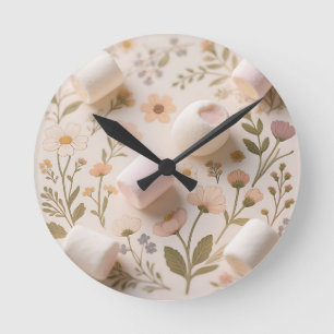 Reloj Redondo Mediano Patrón Floral Pastel de Malvavisco