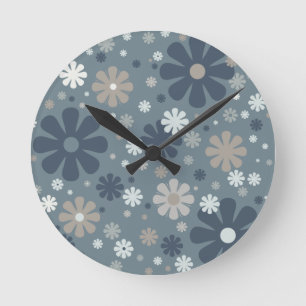 Reloj Redondo Mediano Patrón floral retro en azul acero