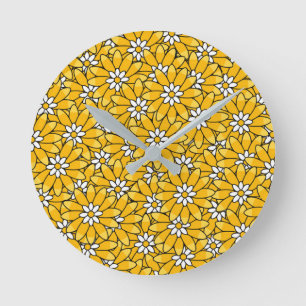 Reloj Redondo Mediano Patrón floral superpuesto de color amarillo brilla