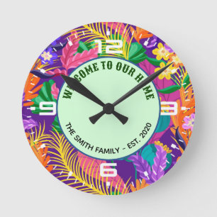Reloj Redondo Mediano Patrón floral tropical con texto personalizado-231