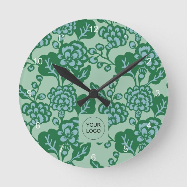 Reloj Redondo Mediano Patrón floral verde y azul vibrante y audaz (Anverso)