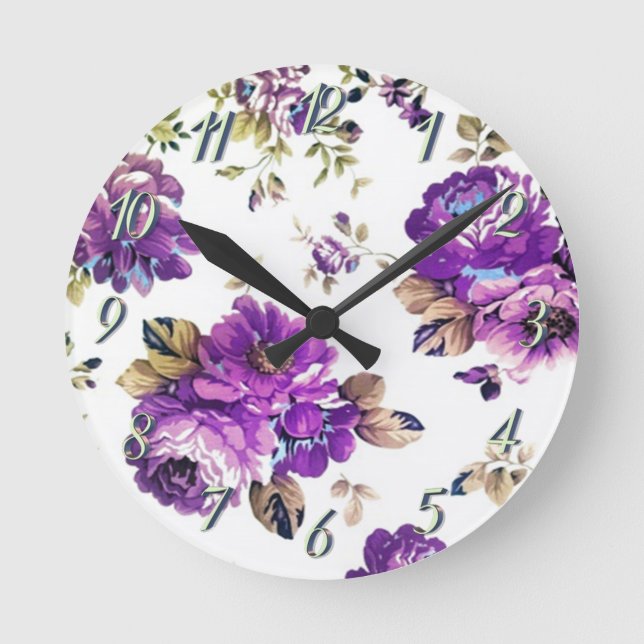 Reloj Redondo Mediano Patrón floral violeta (Anverso)