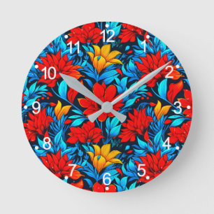 Reloj Redondo Mediano Patrón Flores Amarillas Rojas Florales