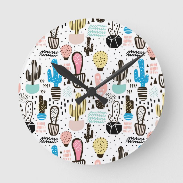 Reloj Redondo Mediano Patrón geométrico Cactus moderno (Anverso)