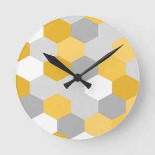 Reloj Redondo Mediano Patrón geométrico de hexágono gris amarillo