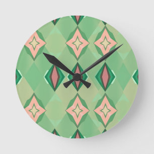 Reloj Redondo Mediano Patrón geométrico retro verde rosa diamante estrel