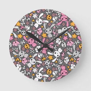 Reloj Redondo Mediano patrón gris kawaii