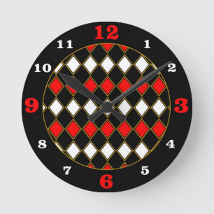 Reloj Redondo Mediano Patrón Harlequin con acento rojo/dorado