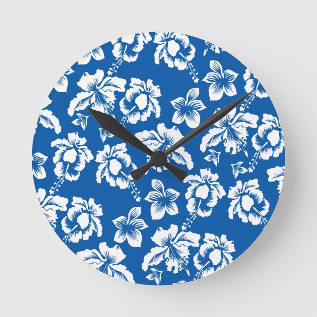 Reloj Redondo Mediano Patrón hawiano de flores azules (Anverso)