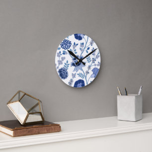 Reloj Redondo Mediano Patrón jacobino floral Lg azul en blanco