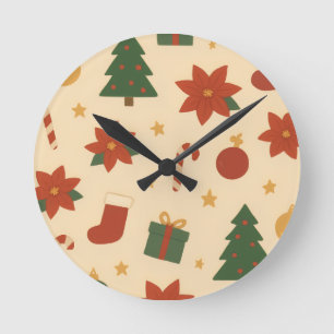 Reloj Redondo Mediano Patrón Navideño Acogedor con Regalos y Árboles
