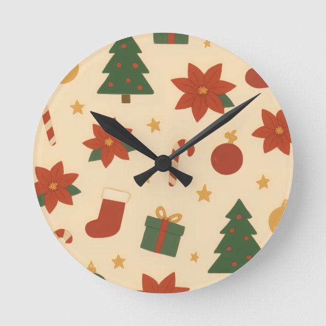 Reloj Redondo Mediano Patrón Navideño Acogedor con Regalos y Árboles (Anverso)