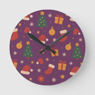 Reloj Redondo Mediano Patrón Navideño Morado Estético – Navidades Lindas