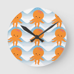 Reloj Redondo Mediano Patrón Octopus Y Ondas Azules naranjas