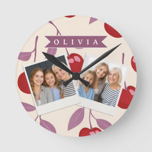 Reloj Redondo Mediano Patrón Personalizado de Cereza Dulce Lindo Retro p