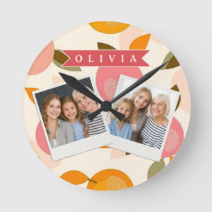 Reloj Redondo Mediano Patrón Personalizado de Melocotón Lindo Retro de V